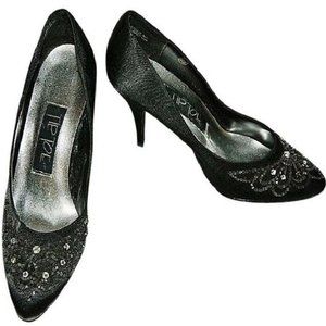 Tip Toe Pumps Rhinestone Beaded Black Satin VTG